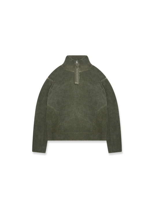 OIL WASHED KNIT HALF ZIP - GREEN