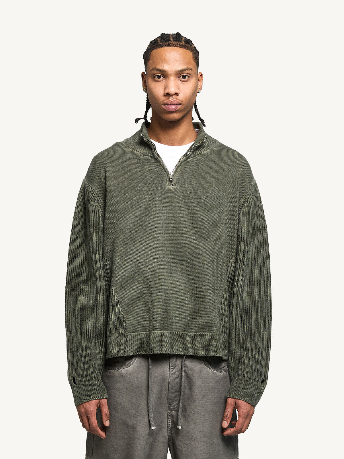 OIL WASHED KNIT HALF ZIP - GREEN