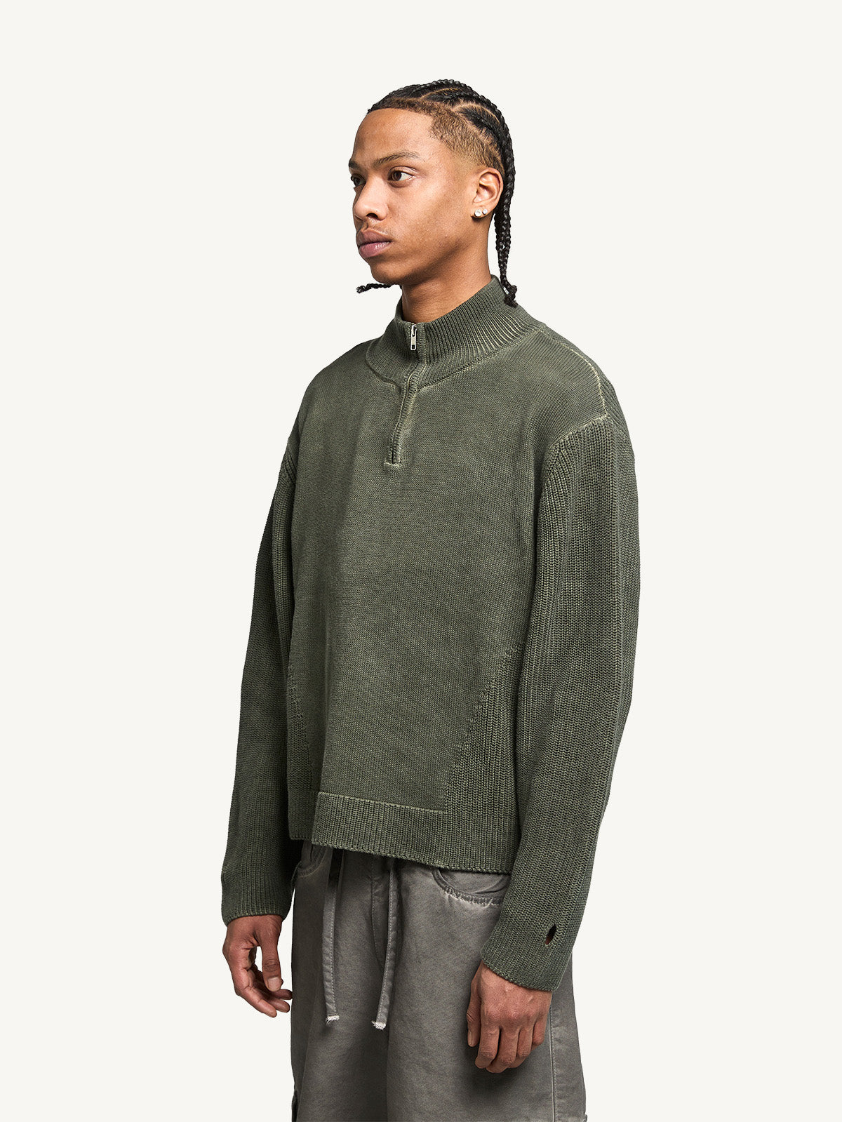 OIL WASHED KNIT HALF ZIP - GREEN