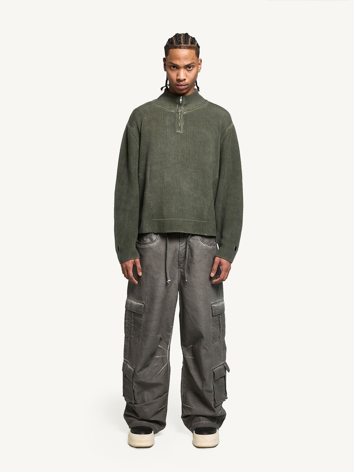 OIL WASHED KNIT HALF ZIP - GREEN