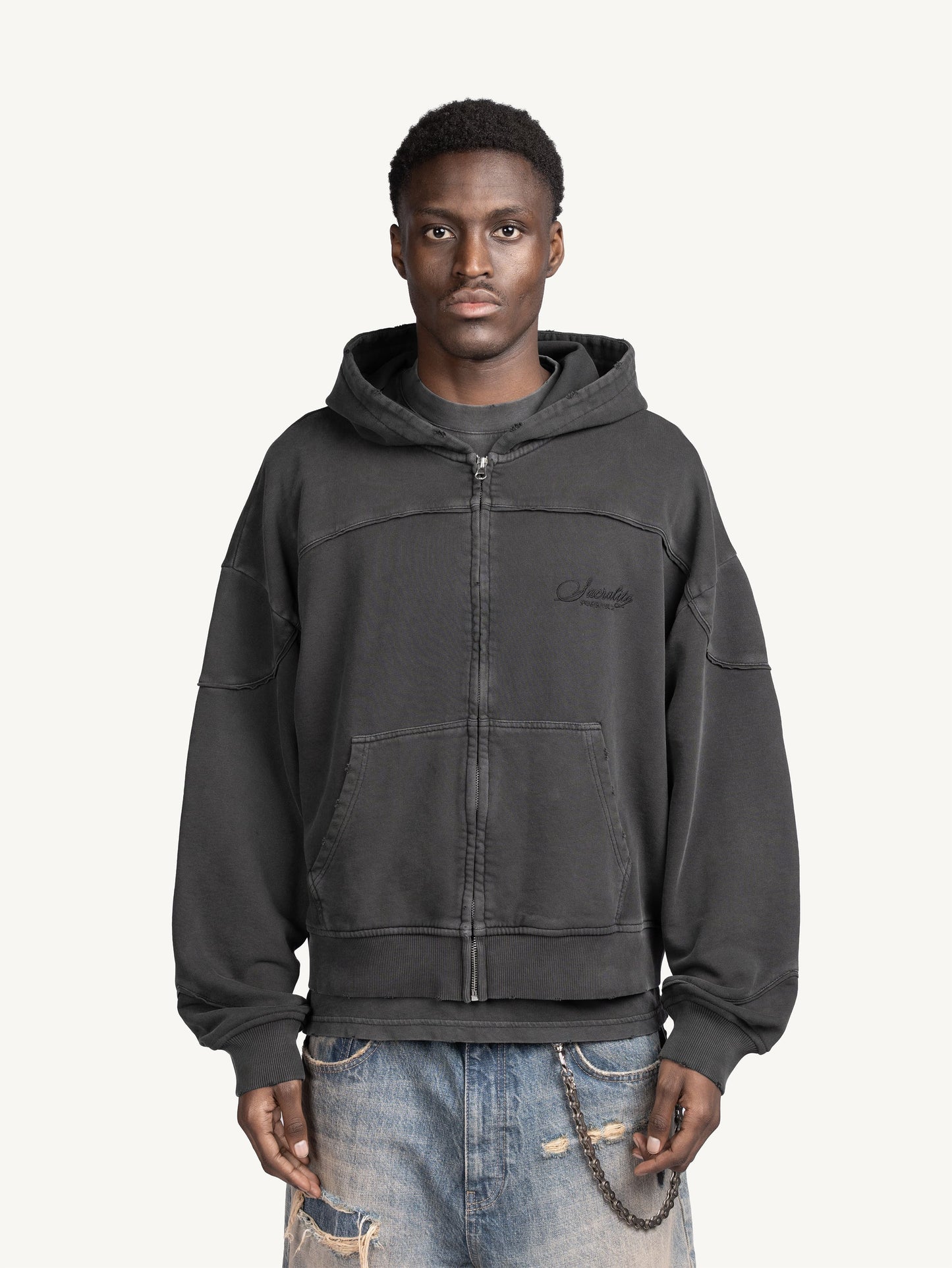 LOGO ZIP HOODIE - WASHED GREY