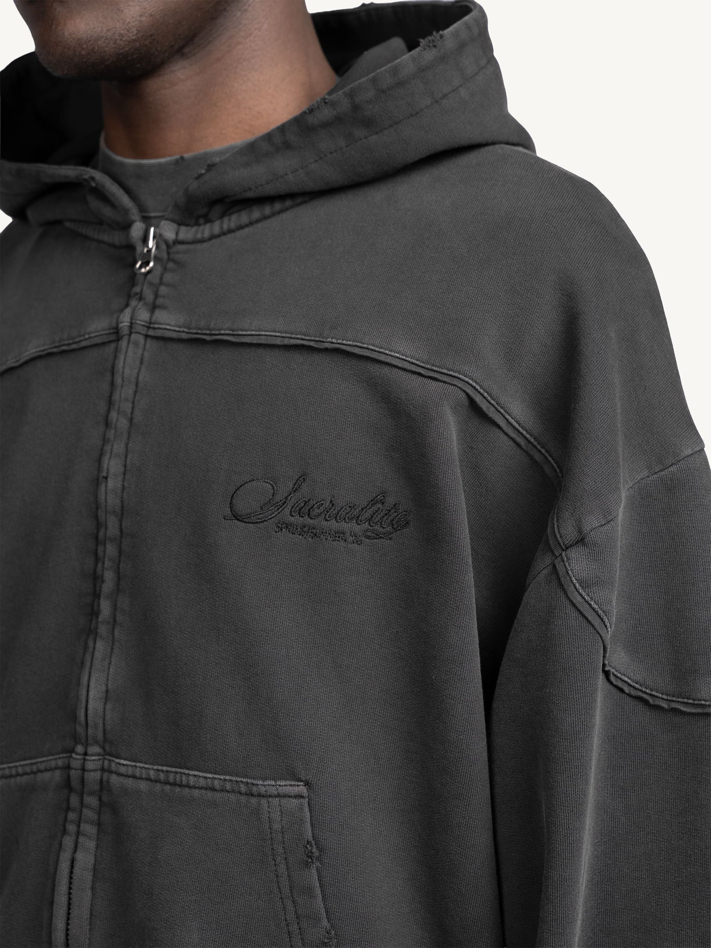 LOGO ZIP HOODIE - WASHED GREY