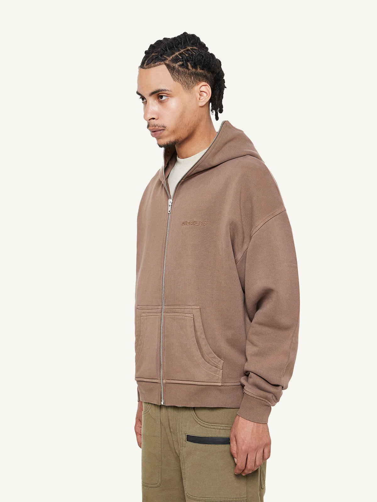 COVERED LOGO ZIP HOODIE - BROWN