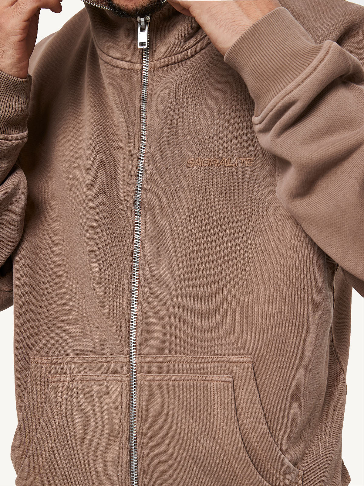 COVERED LOGO ZIP HOODIE - BROWN