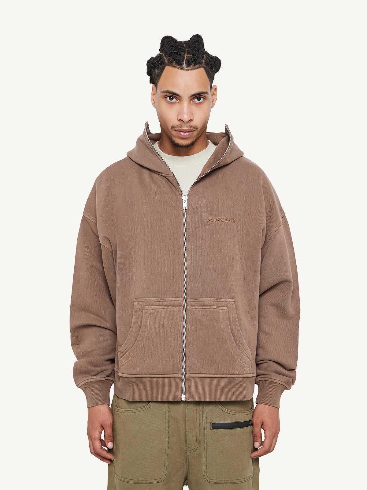 COVERED LOGO ZIP HOODIE - BROWN